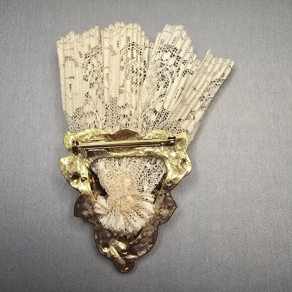 VTG Victorian Revival Gold-Tone Filigree Lace Brooch Pin 4" Ornate Heart Motif - Picture 2 of 3